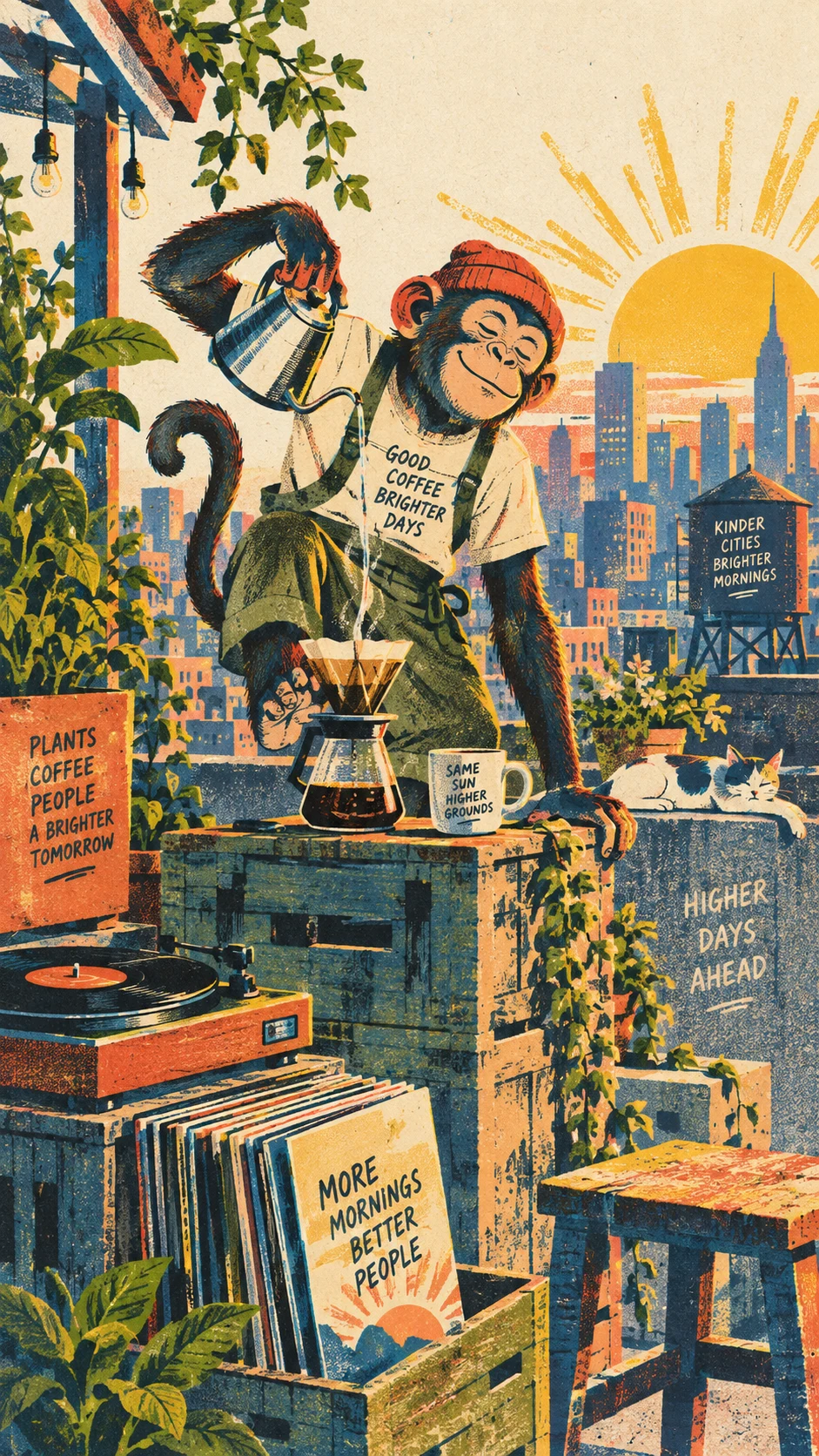 Mongel Coffee — monkey brewing pour-over coffee illustration